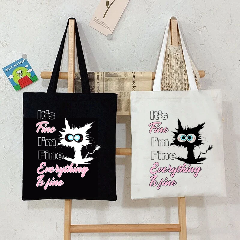 

Casual Fashion Women Handbags Explosive Cat Shoulder Bag It's Fine I'm Fine Everythings Is Fine Print Shopping Bag Lady Tote Bag