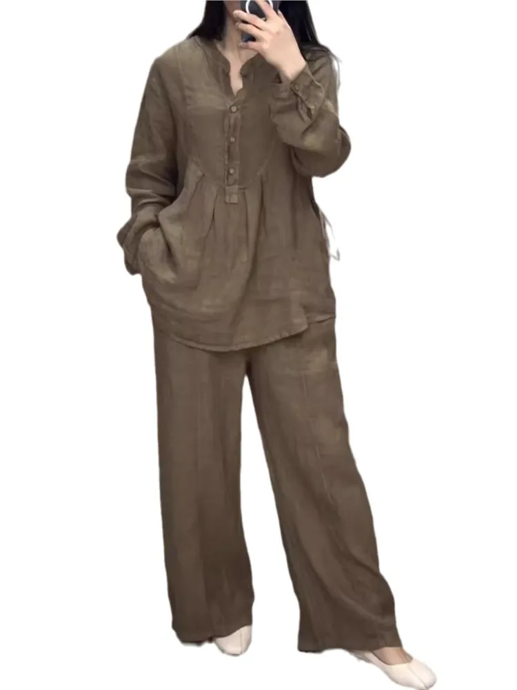 Простые однотонные брюки женские комплекты с длинными рукавами и пуговицами