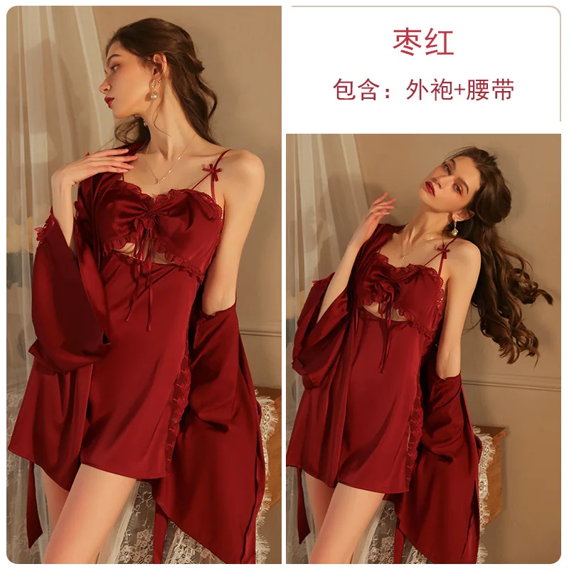 Sexy slits temptation nightdress comfortable solid color pajamas solid color comfortable cardigan robe women's homewear suit