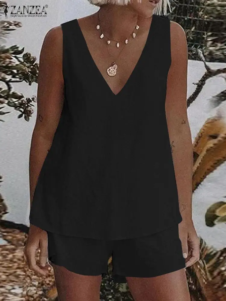 

ZANZEA Sleeveless Blouse Work Office Pant Women Matching Sets Loose Vintage Sets Solid Elastic Waist Long Trousers Oversize 2022