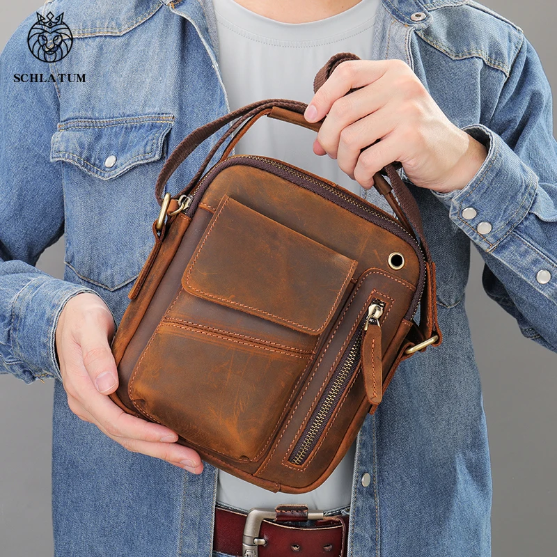 SCHLATUM Genuine Leather Vintage Men Bags  Shoulder Bag For Mens Business Messenger Crossbody Bag Male Fashion Casual Handbag