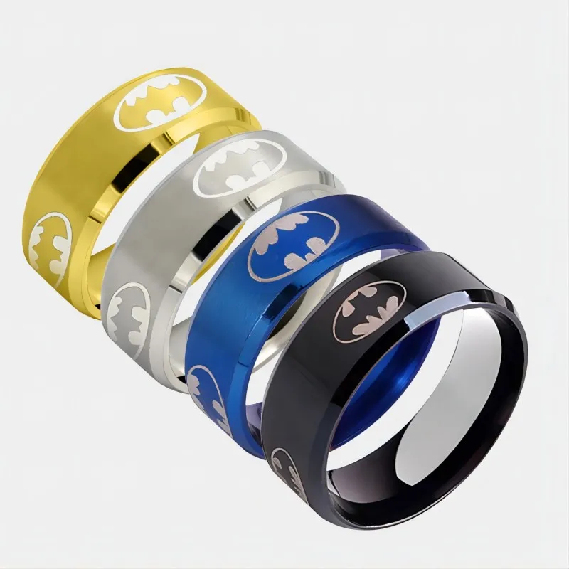 

8mm Fashion Laser Logo Bat Rings Stainless Steel For Men Anti Stress Lucky Jewelry Gift Wholesale