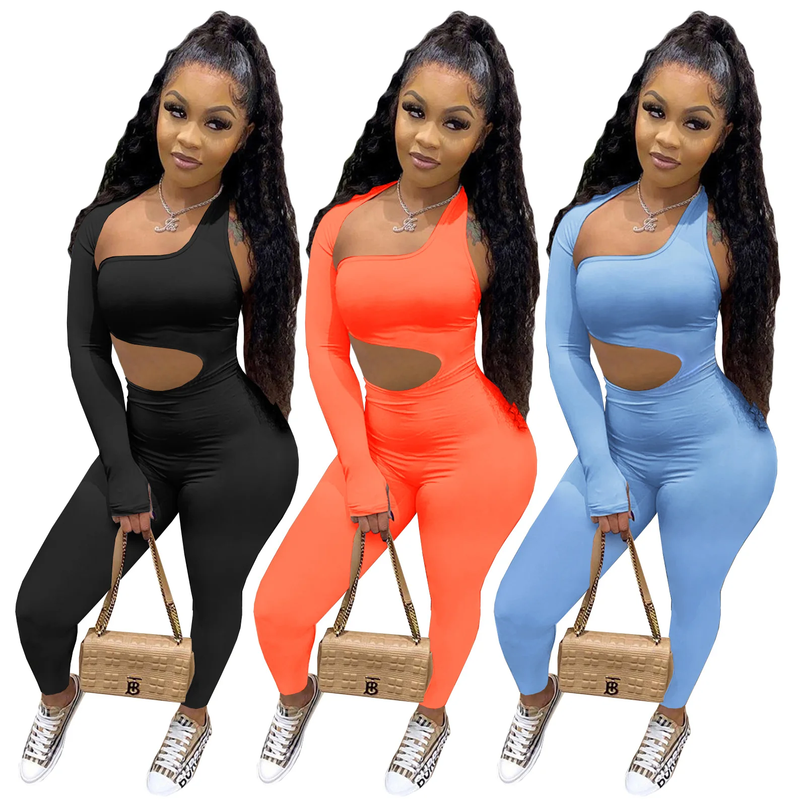 

F7530 Spring Clothes for Women 2022 Fashion Women Sexy Jumpsuit for Women Single Sleeve Hollow Sports Solid Ladies Jumpsuits