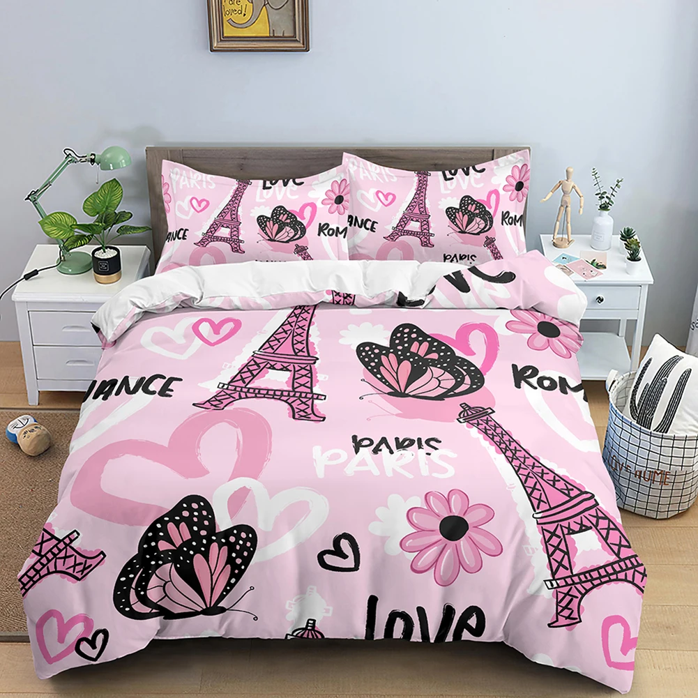 

3D Love Heart Bedding Set Paris Tower Duvet Cover with Pillowcase Shame Twin Full Kids Comforter Cover Queen King Size Gifts