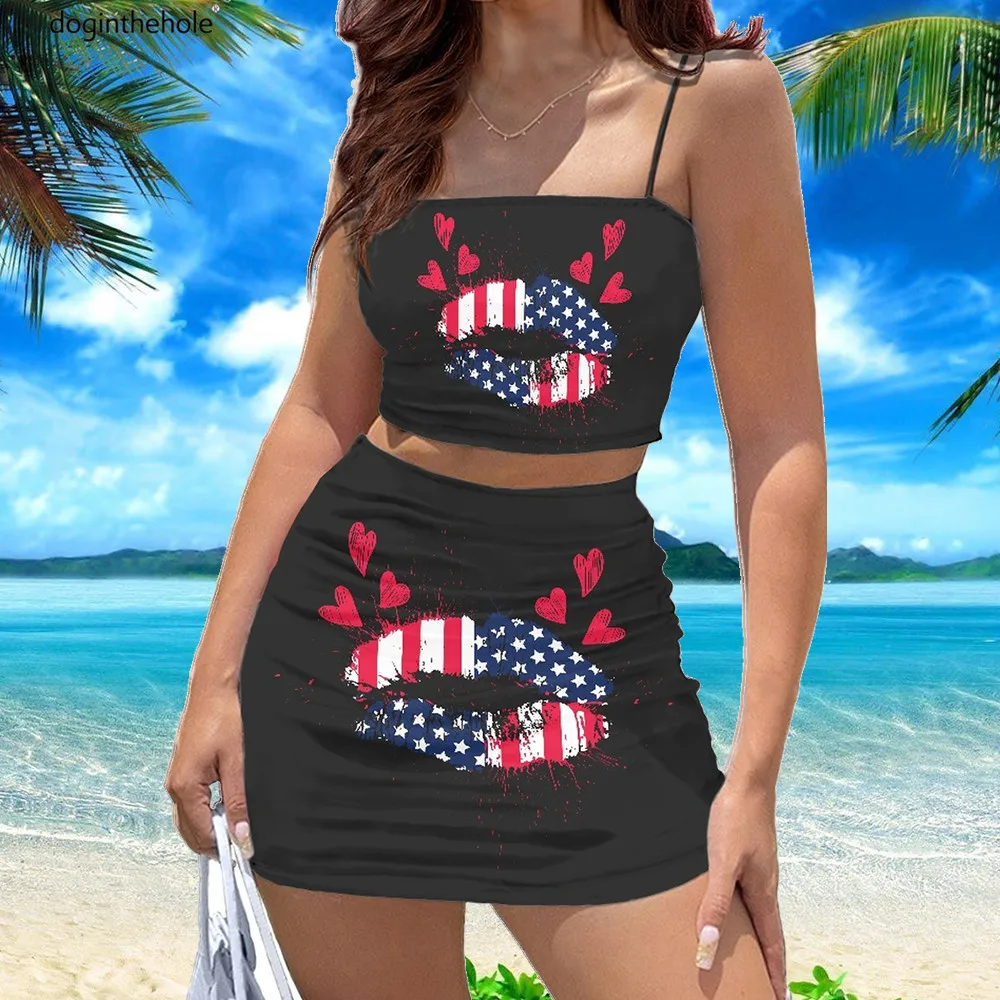 

Doginthehole Summer Short Dress Outfits for Women American Flag Lips Design Halter Top Sexy Soft Skirts Teen Girls Party Cloth