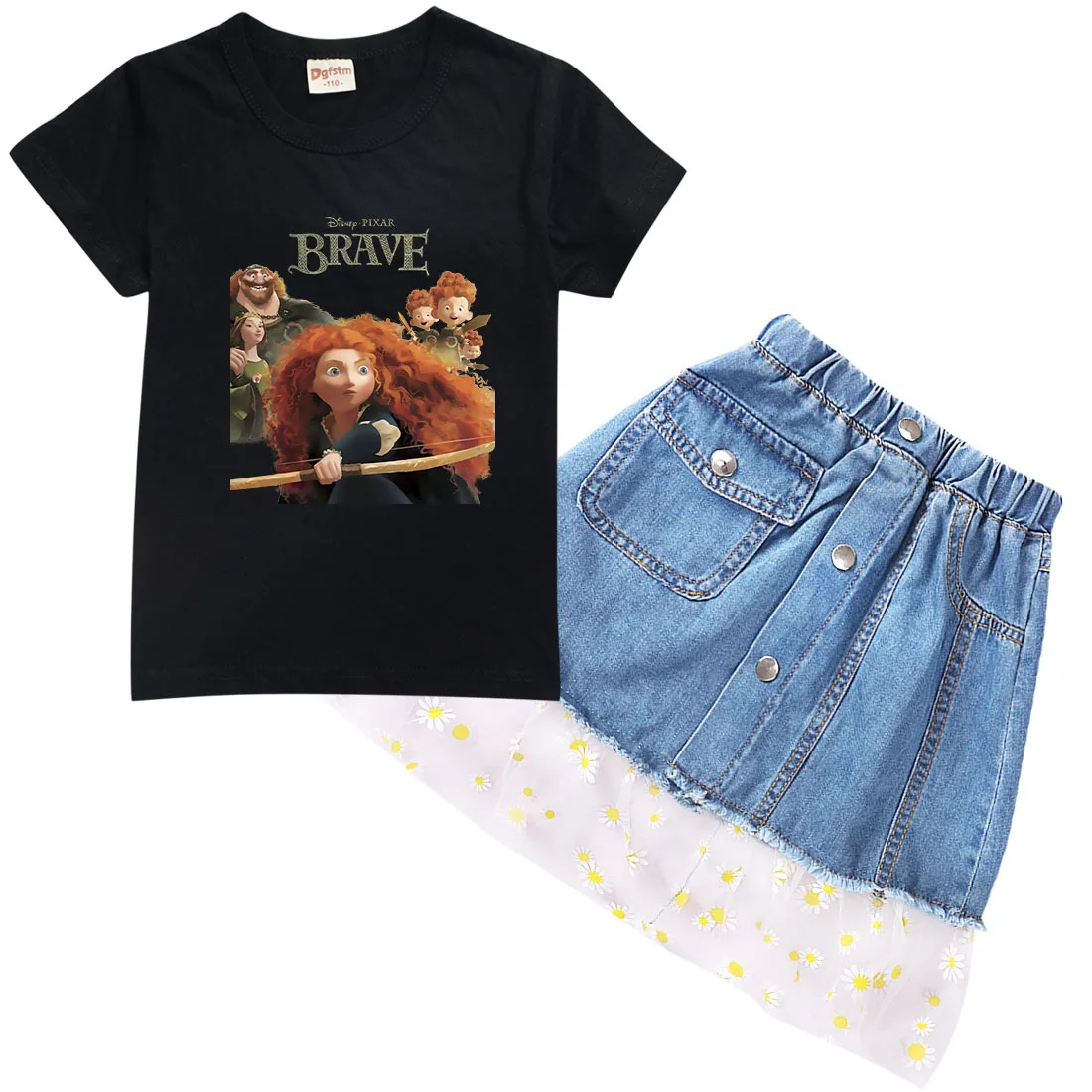 

2022 Disney Braver Print Girls T-Shirt + Washed Jeans Suit Summer Cotton Cartoon Casual Kids Sportswear