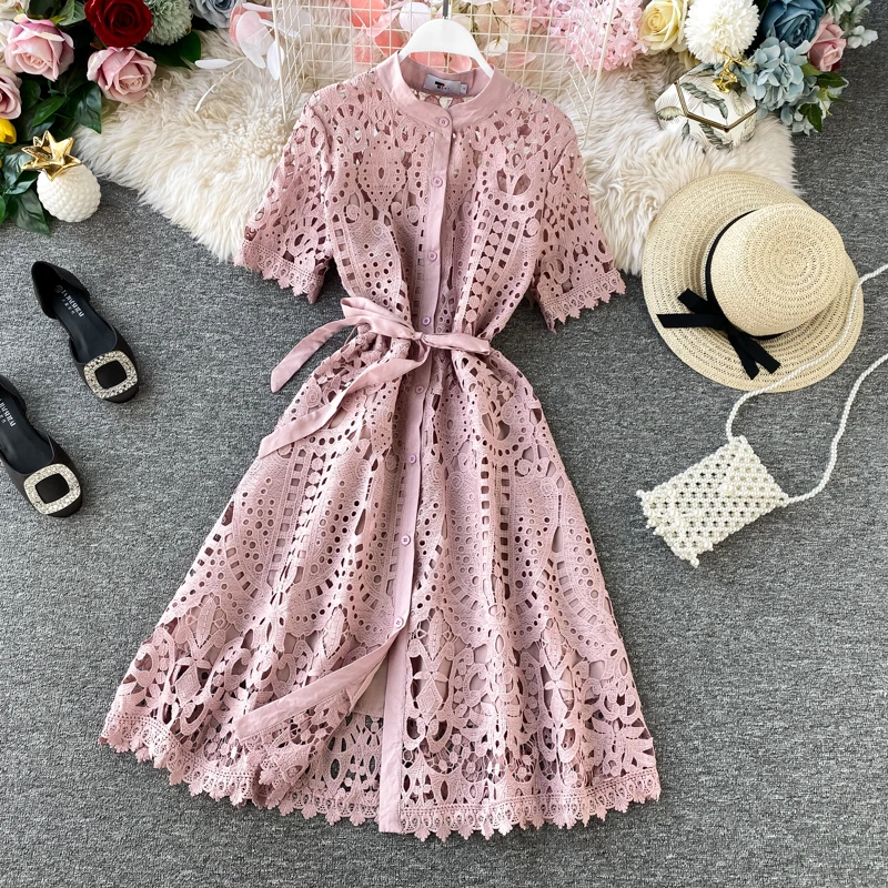 

Fashion Women Lace Hollow Out Dress Summer Office Lady Dress