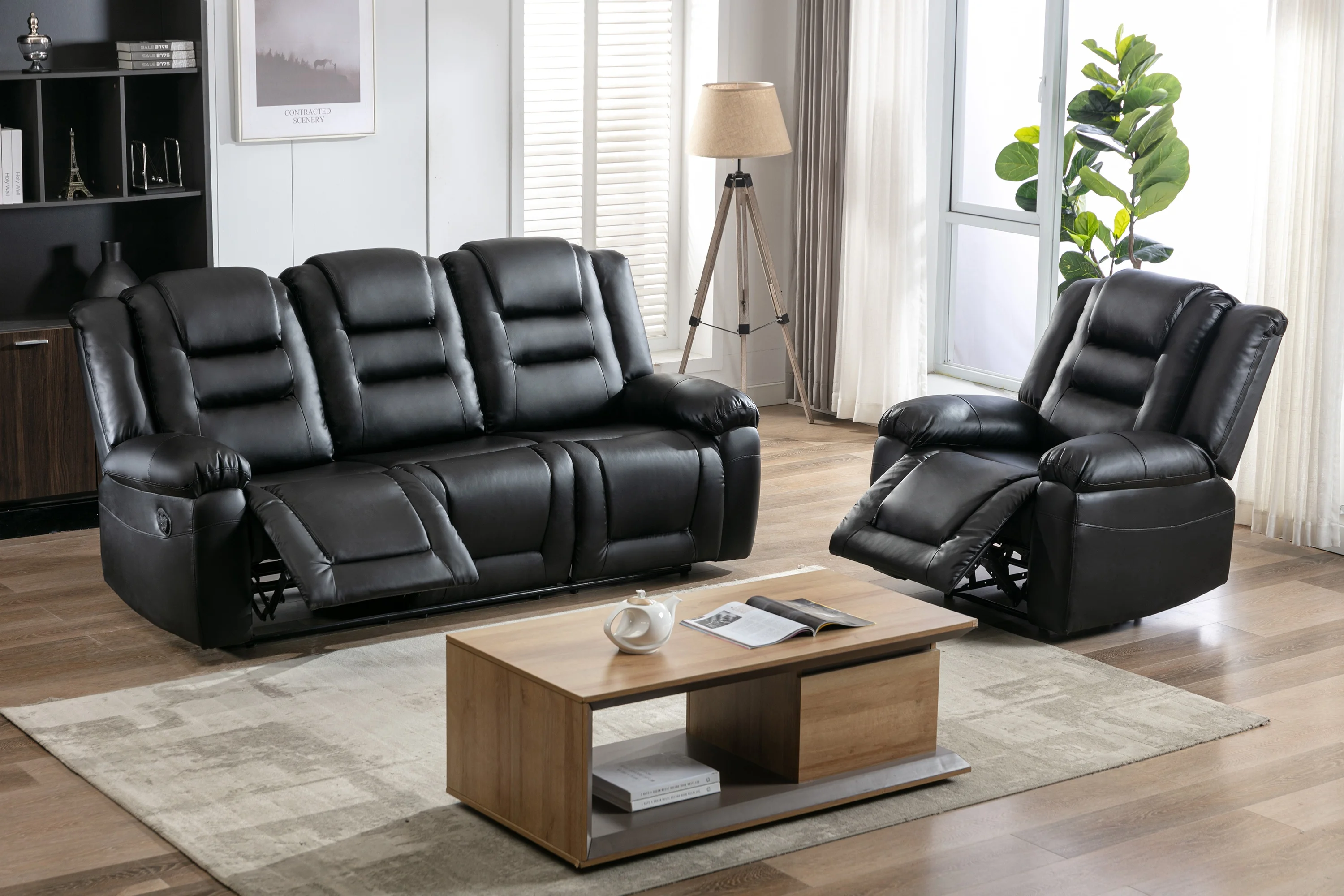 

FurnitureHome Theater Seating Manual Recliner, PU Leather Reclining Sofa Set for Living Room (1+3 Seat）