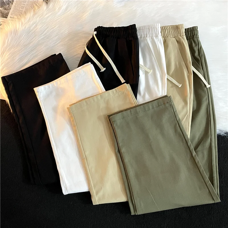 

Solid color straight tube wide leg pants Men's summer versatile loose casual cropped overalls