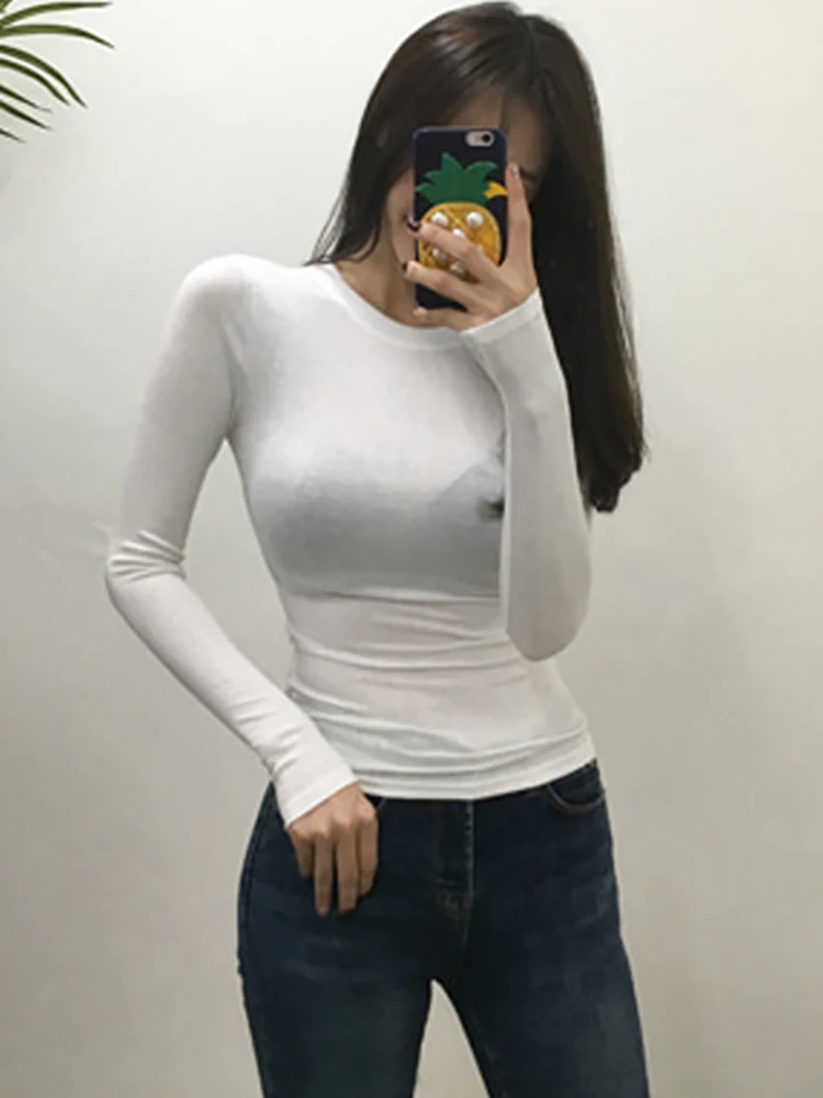 

T Shirt Korean Style Slim T-shirts 2022 Sexy Tshirts Cotton Long Sleeve Summer Tops Tee Shirt Femme Khaki Blue White Black