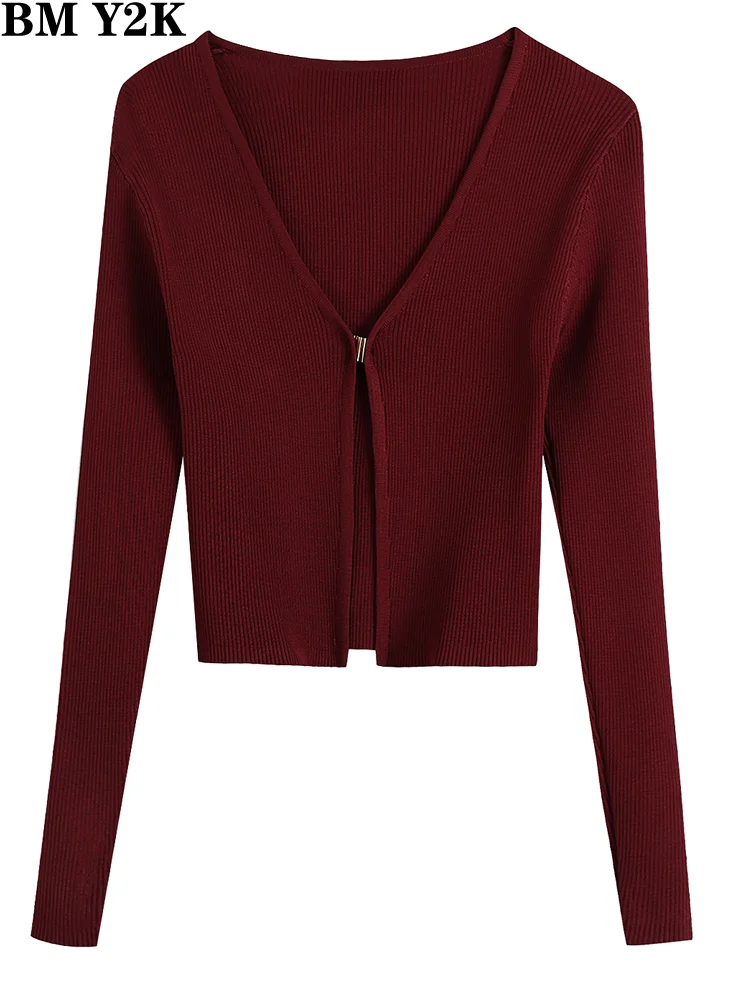 

BM Y2K new traf Women fashion front golden hook open knit cardigan sweater vintage v neck long sleeve female outerwear chic tops