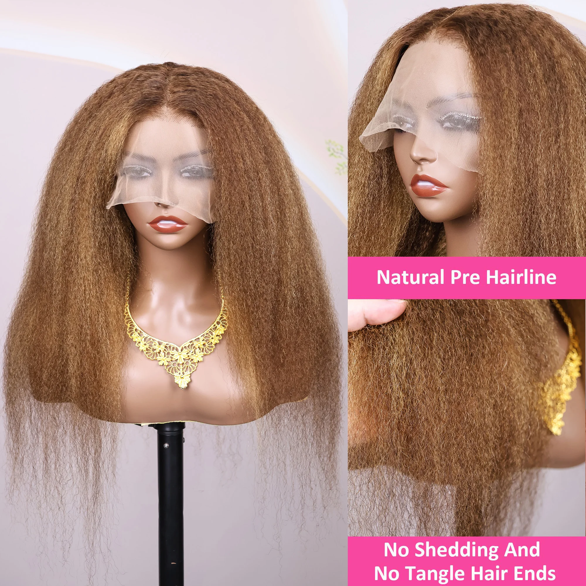 Фото Выделите 4/27 Ombre Kinky Straight 13X6 HD Парики спереди на шнуровке Человеческие волосы для женщин Парик яки Предварительно выщипанный Натуральный черный Плотность 200% №4