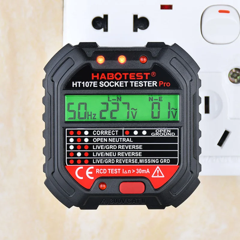 

HT107 Digital Socket Tester Pro Voltage 30mA RCD Test Smart Detector EU US UK Plug Ground Zero Line Polarity Phase Check