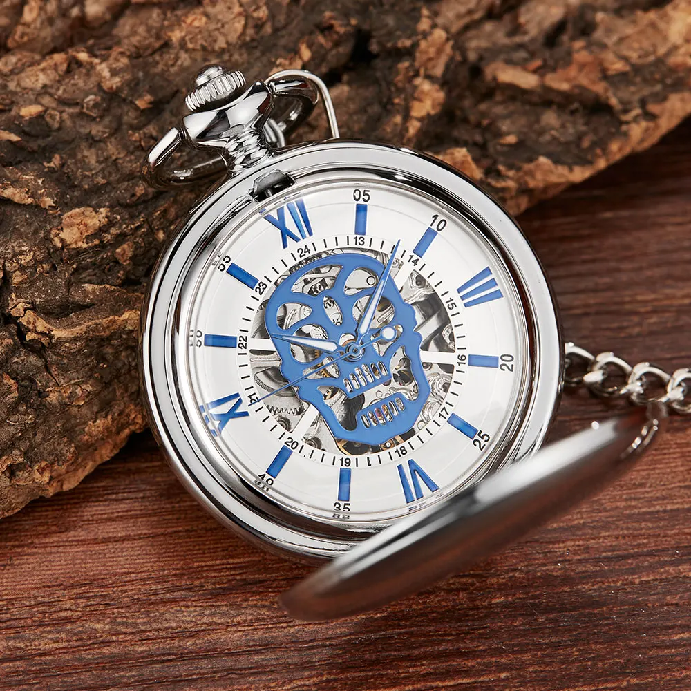 Golden Skull Fashion Smooth Mechanical Pocket Watch Men Skeleton Steampuk Hand Wind Pendant Clock Chain With Arabic Numerals