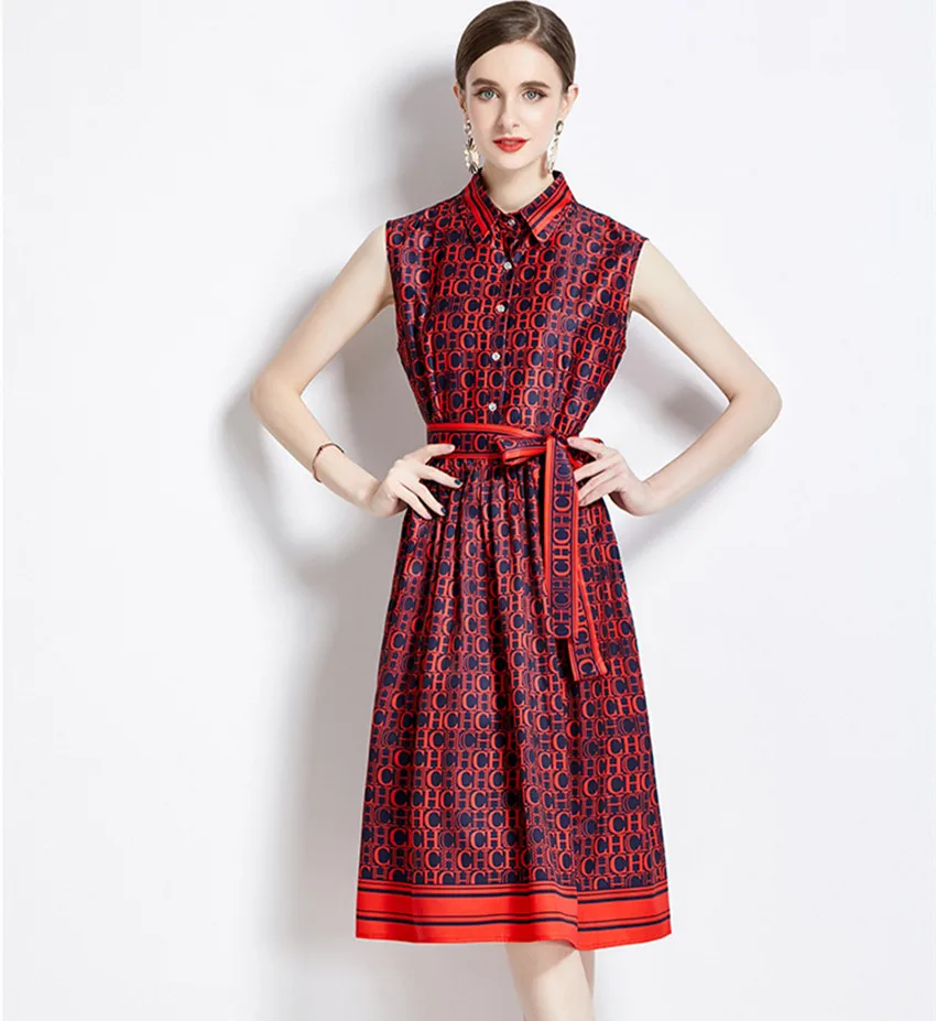 

New Fashion Runway Summer Letters Print Shirt Dress Vintage Women Lapel Single Breasted Sleeveless Lace Up Belt Midi Vestidos