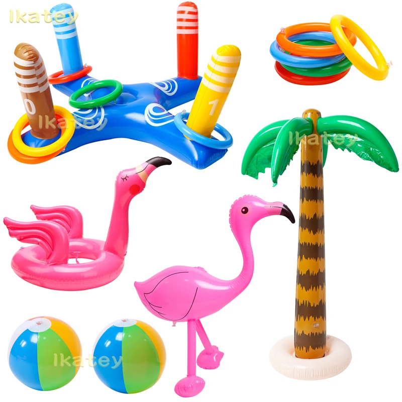 Juego de juguetes de piscina de 16 piezas, juego de lanzamiento de flamenco con virola, palmera, pelota de playa, decoración de fiesta Luau de verano