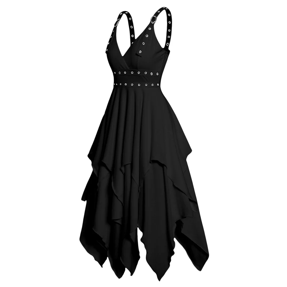 

Dressfo Black Color Gothic Irregular Designed Dress For Women Empire Waist Asymmetrical Midi Robes With Adjustable Strap