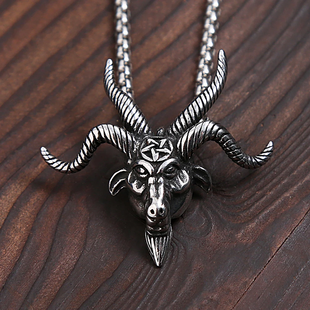 

Fashion Stainless Steel Goat Head Pendant Necklace For Men Vintage Punk Pentagram Pan God Skull Necklaces Amulet Jewelry Gifts
