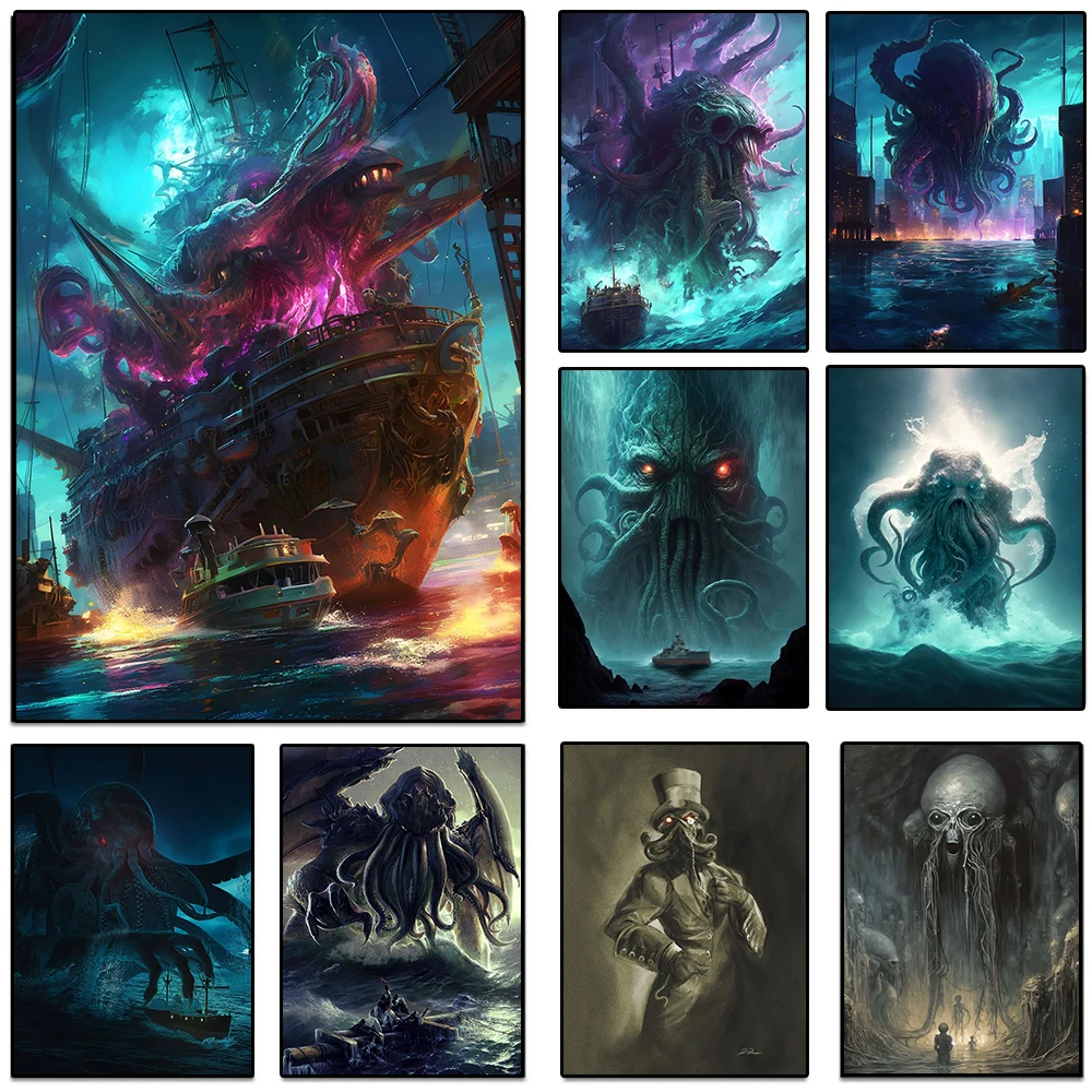 

Horror Science Fantasy Cthulhu Octopus Canvas Posters Monster Deep Sea Devil Gothic Wall Art Prints Living Room Home Decoration