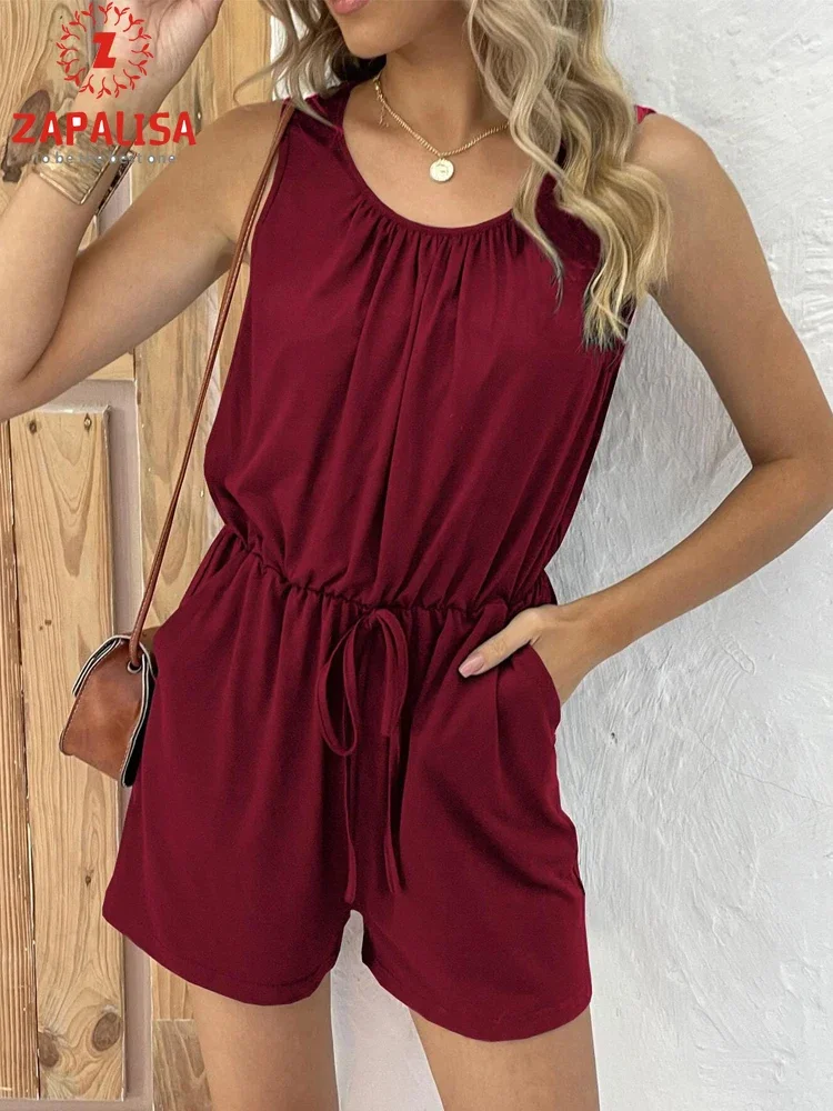 

Женский комбинезон на завязках, однотонный повседневный комбинезон без рукавов с круглым вырезом и карманами, с эластичным поясом, лето