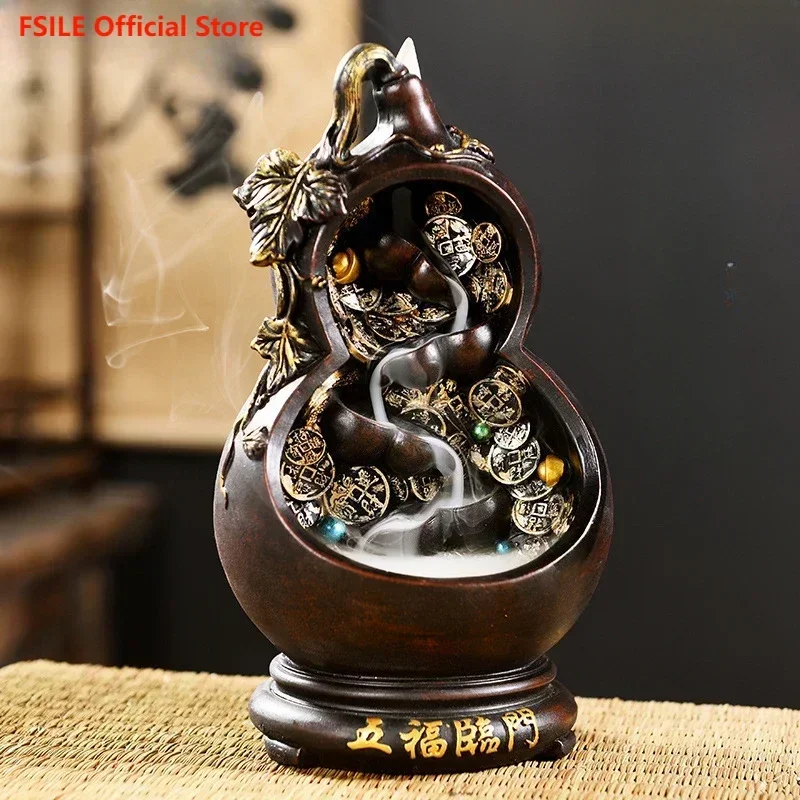 

FSILE Resin Rockery Zen Style High Mountains Flowing Water Backflow Incense Burner Tea Ceremony Incense Ceremony Decorations