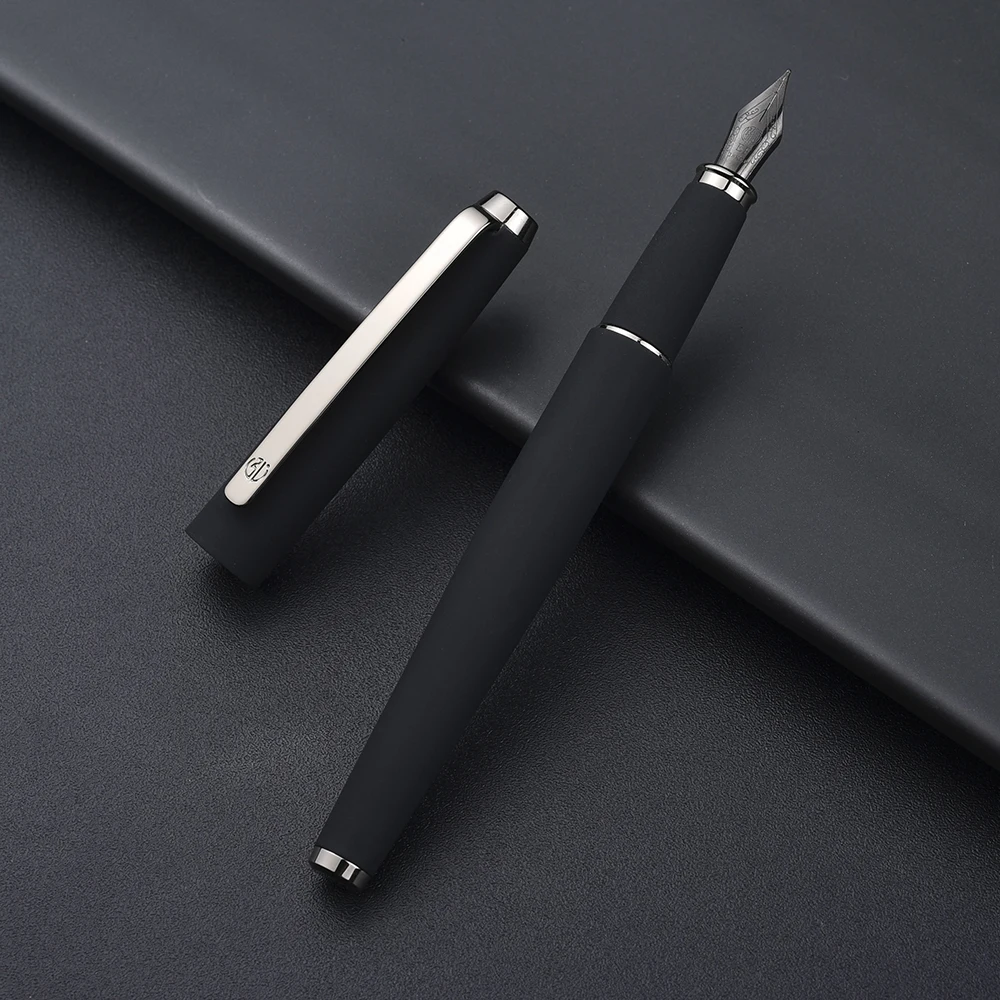 1pcs 517D Matte Black Full Metal Silver Clip Pens Titanium Classic Ink Fountain-Pen EF F Bent Nib Pens School Office Gifts