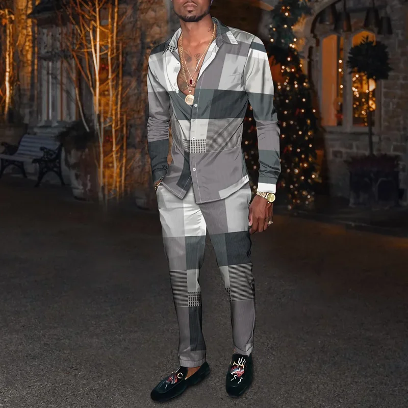 

2023 Four Seasons Men's Latest Square Pattern 3D Long Sleeve Shirt/Pair With Casual Pants Two Piece Set Women Clothing 2 Pcs