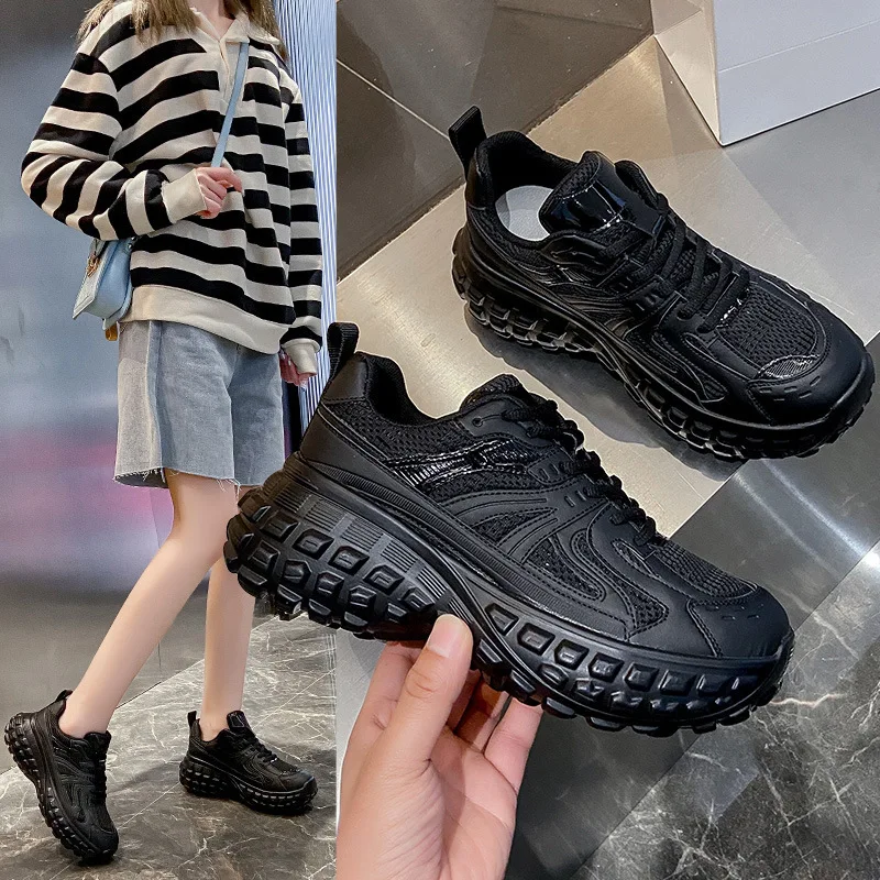 

Two-layer Leather Stitching Mesh Thick-soled Women's Shoes 2022 New Joker Trend Street Shooting Casual Sneakers