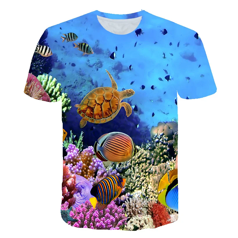 

Men's New Summer 3D Underwater World Coral Pattern T-shirt, Fashionable Casual Holiday Fish Print Top, Oversized Short Sleeves.