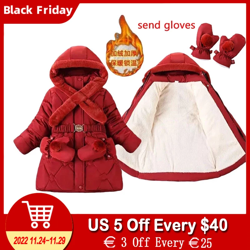 

Winter Girls Thick Coats Fleece Warm Down Cotton Mid-Length Jackets Gloves Hooded Parka Coats Children's Outerwear Clothes