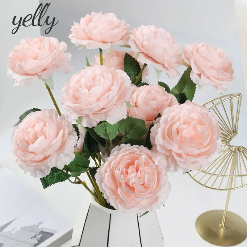 

10 pcs 3 Head Silk Peony Bouquet Home Decoration Accessories Wedding Party Fake Plants Diy Pompons Artificial Roses Flowers