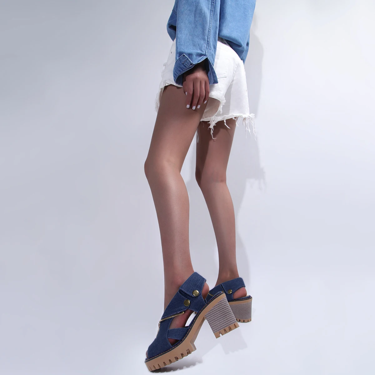 Denim Women Shoes Peep Toe Sandal 2023 Chunky Heels Women's Fashion Zip Platform Sandal Lady Casual Office Shoes