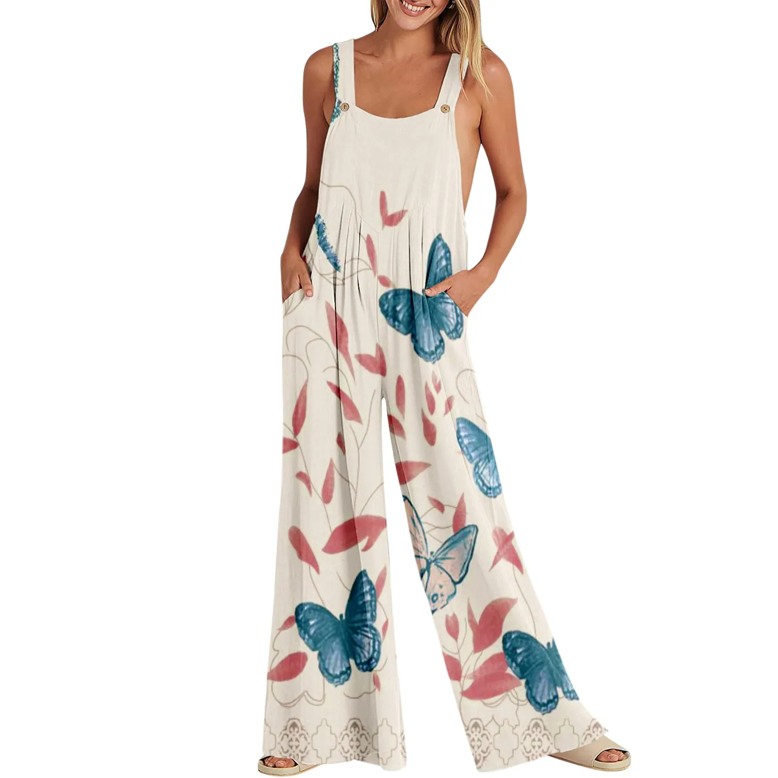 

Womens Overalls Summer Casual Loose Sleeveless Patchwork Dual Pockets Jumpsuit Floral Print Boho Romper Women Summer