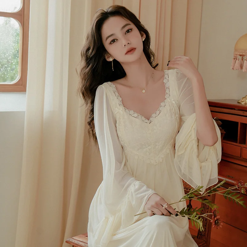 Spring Nightdress Women Mesh Apricot Pajamas Elegant French Style Long Sleepwear Nightwear For Women Sleepshirt Nightgown Pajama