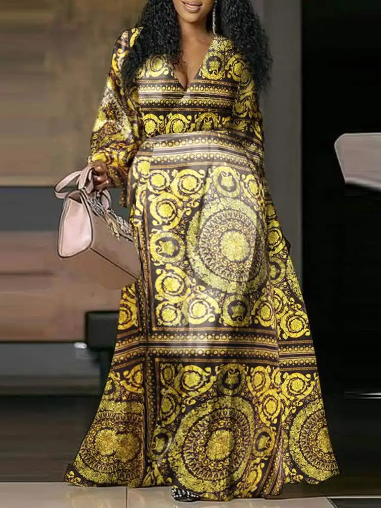 

Женское длинное платье с принтом VONDA 2023, длинное сексуальное вечернее платье с V-образным вырезом, свободное винтажное платье для вечеринок