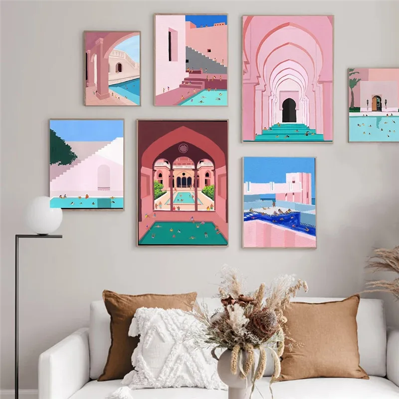 

Islamic Architecture Wall Art Painting Swimming Pool Poster Moroccan Arch Gate Print Modern Canvas Picture for Living Room Decor