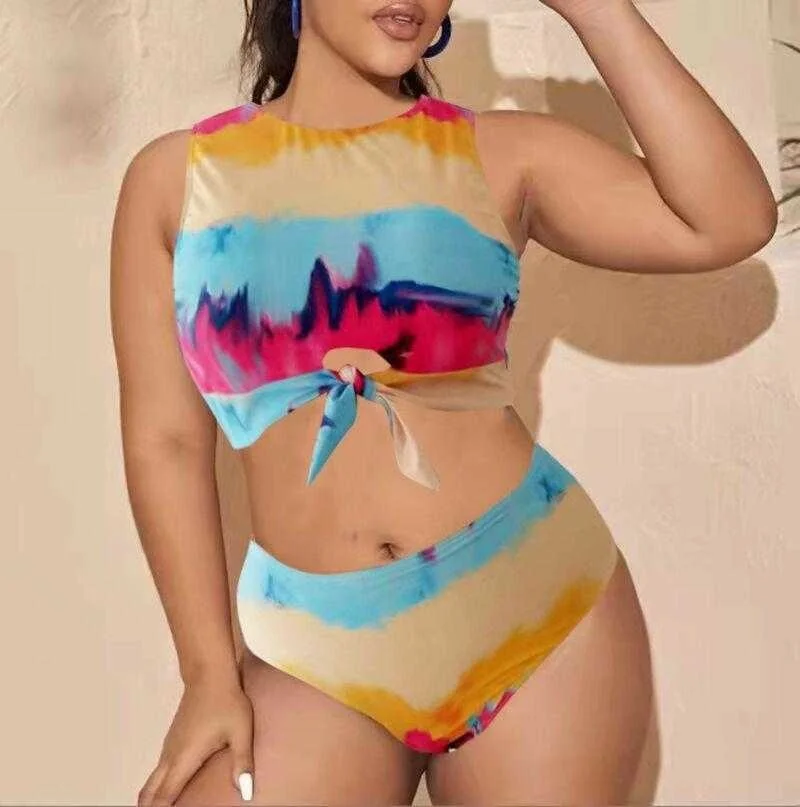 

Plus Sized Rolled Dyed Bikini High Waist With Straps Sexy Size Swimwear 15