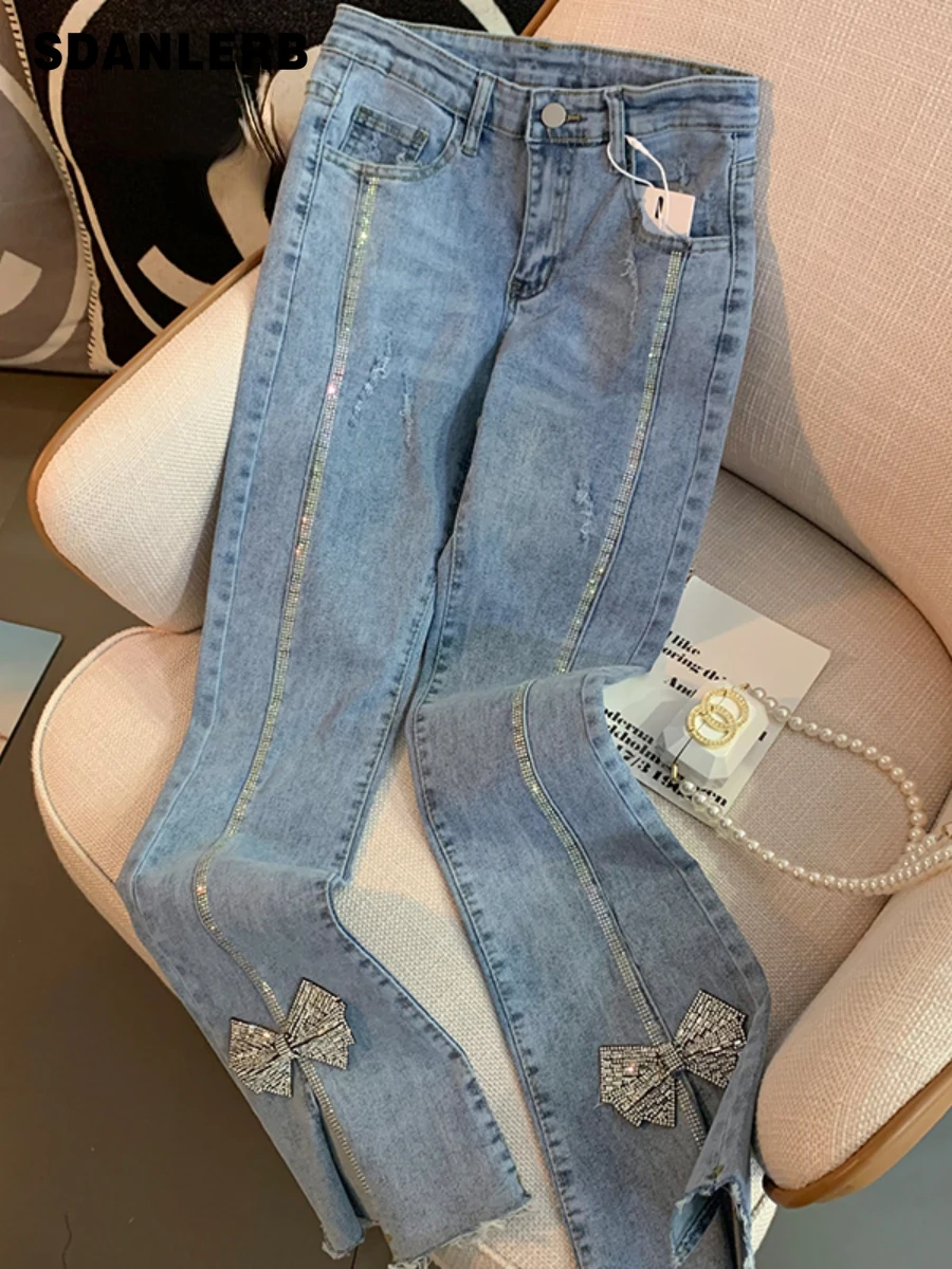 

Fashion Rhinestone Ankle-Length Bootcut Jeans Women's Spring Summer High Waist Denim Pants Slim Fit Frayed Hem Split Trousers