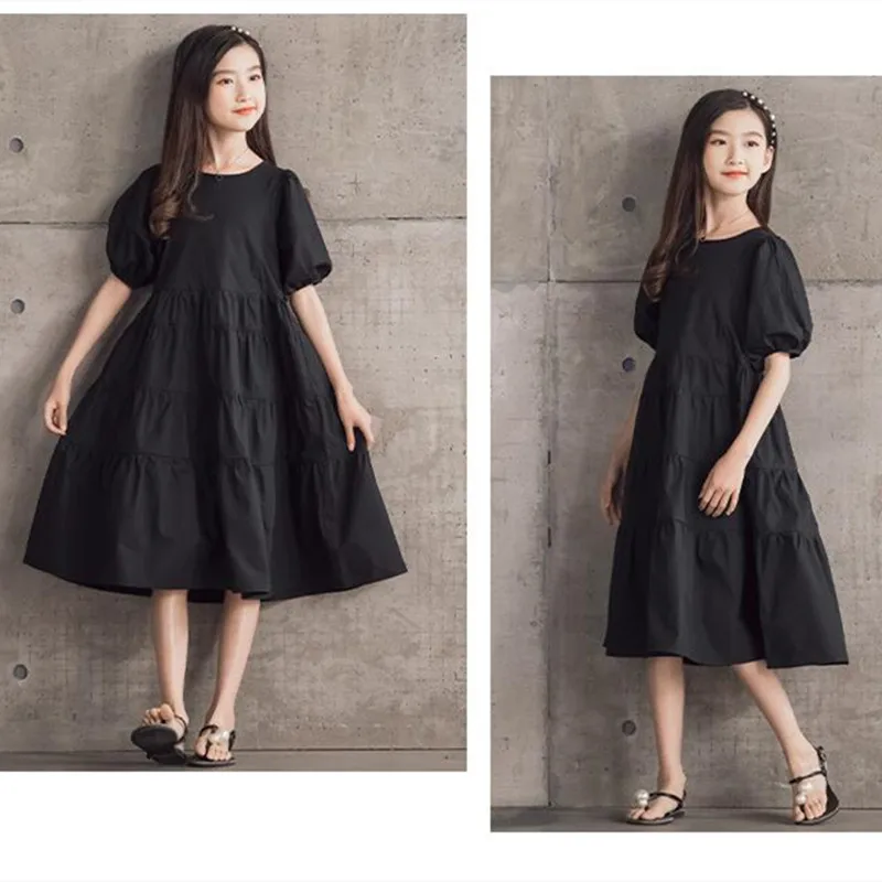 

Summer Girls Dress Korean Kids Solid Short Puff Sleeve Lining Embroidery Baby Princess Midi Dress Children Party Clothes 4-16 Y