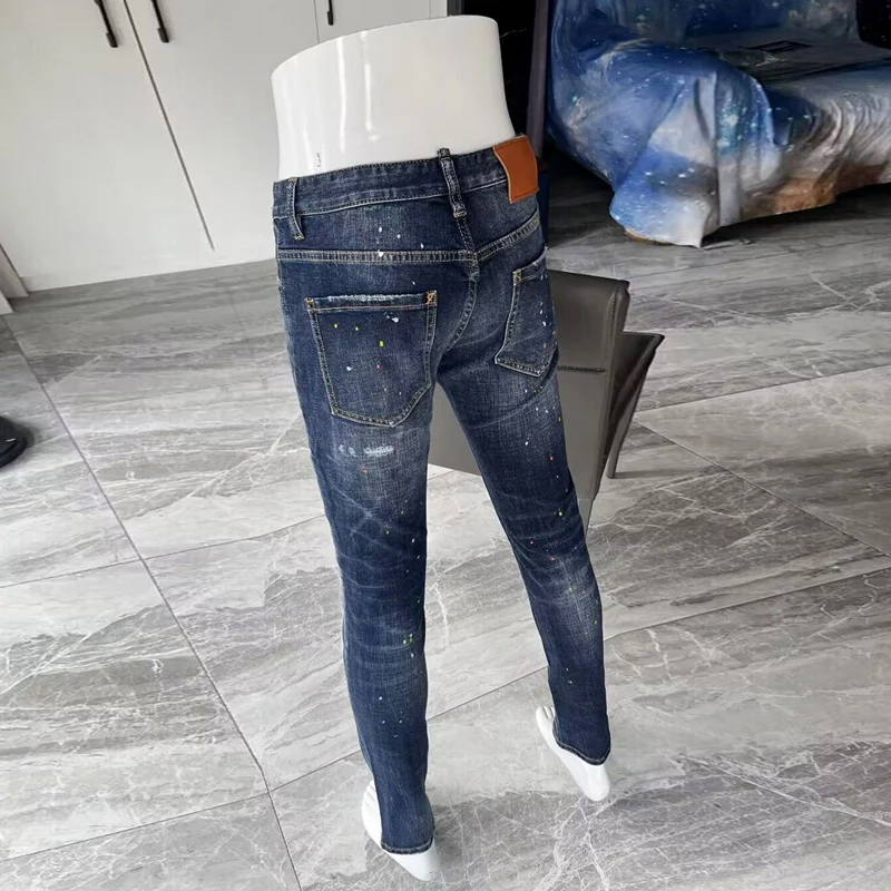 Street Fashion Men Jeans High Quality Retro Blue Elastic Stretch Skinny Ripped Jeans Men Painted Designer Hip Hop Brand Pants