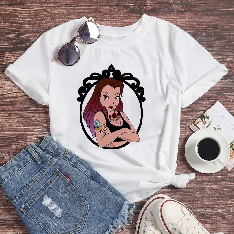 

Fashion Disney Belle Princess Tattoos Print Women T-Shirts New Casual Short Sleeve Cartoon Graphic Tee Tops White Female Clothes