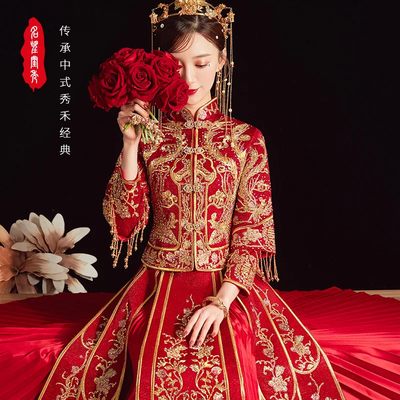 Embroidery Dragon Phoenix Bride Costume Toast Clothing Elegant Wedding Dress Vintage Traditional Chinese Women Marriage Set