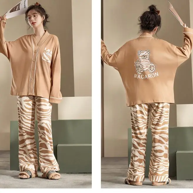 Yasuk Spring Autuum Fashion Women's Casual Print Pocket Sleepwear Homewear Lovely Pajamas Set With Pants Soft Cotton Leopard
