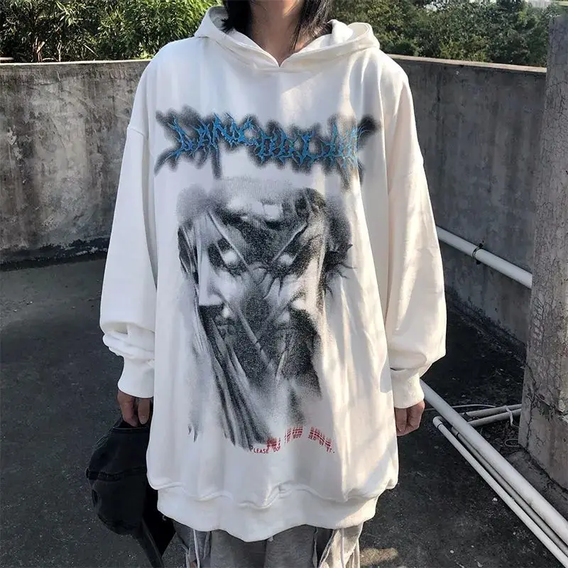 

Deeptown Gothic Streetwear Black Printed Hoodie Women Punk Harajuku White Crewneck Sweatshirts Pullover Female Mall Goth Tops