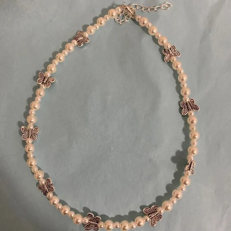 

Silver Butterfly Pearl Necklace Feminist Jewelry Pearl Choker Plated Butterfly Fashion Jewelry Gift for Lovers