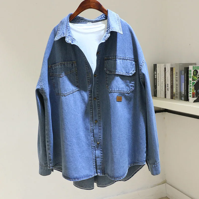 

Spring Vintage Blue Mid Long Denim Jacket Coat Women Loose Irregular Cowboy Outerwear Long Sleeve Big Pocket Jeans Jacket Female