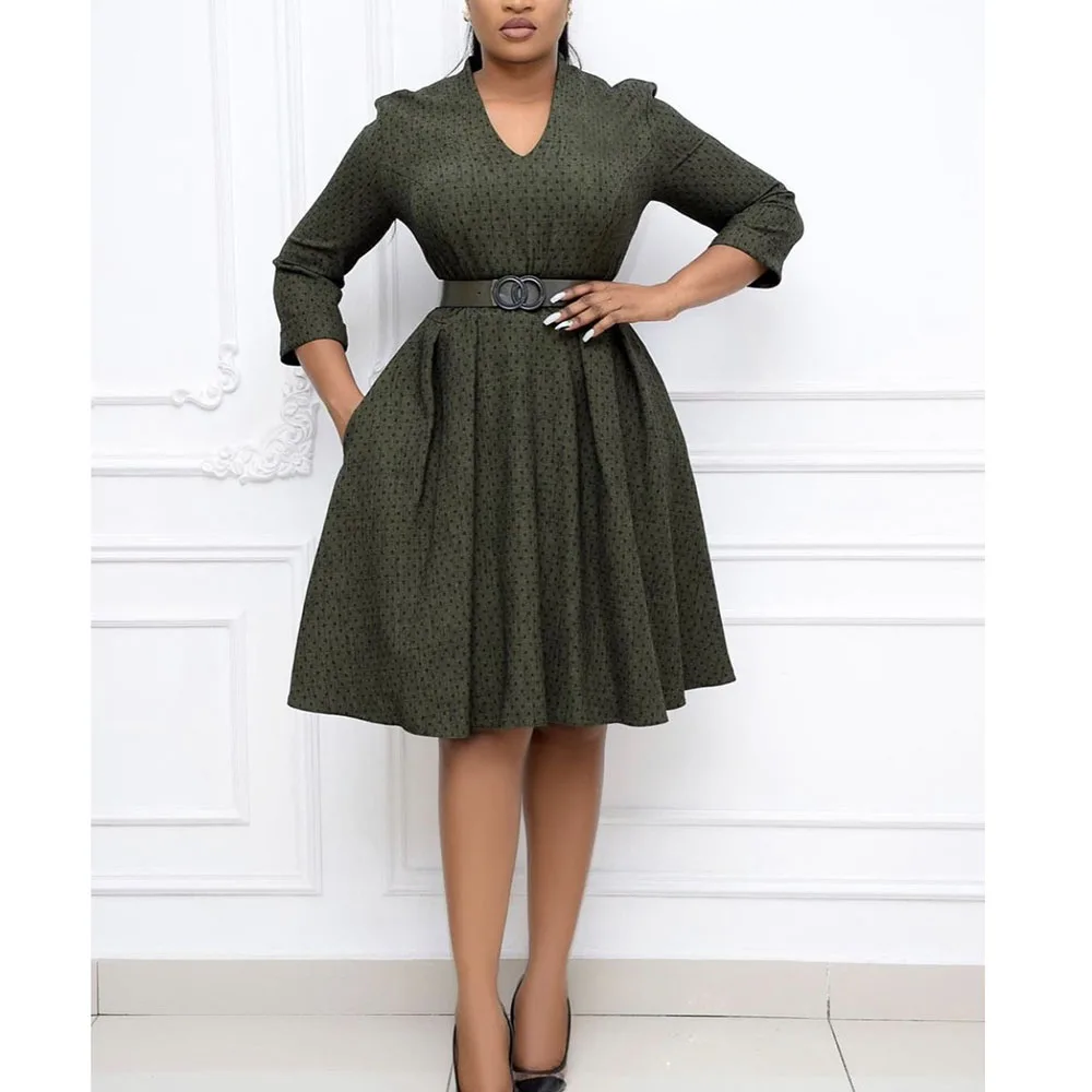 

Women's Dress V-neck Printed Polka Dot African Professional Office Dress Utumn Spring New Fashion Commute Knee-length Skirt