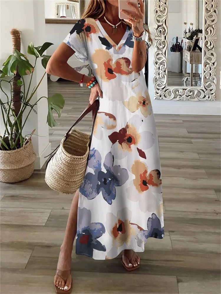 Купи Summer 2022 New Short Sleeve V-Neck Floral Print Wrap Dress Women Flower Long Dresses Ladies Sexy Beach Holiday Dress Vestidos за 667 рублей в магазине AliExpress