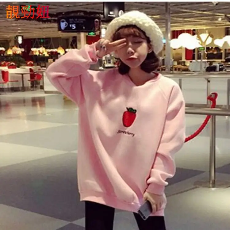 

2019 new loose round neck printing fruit and vegetable printing female students extra fleece thickened sweater