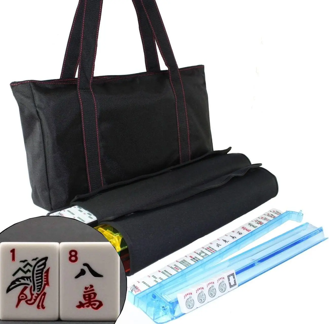 

American Mahjong Set Waterproof Nylon Red Stitches Bag 4 Color Pushers / Racks Mahjongg Travel Set